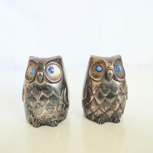 Vintage Silver Tone Owl Figurine Pair with Blue Eyes Salt and Pepper Shakers